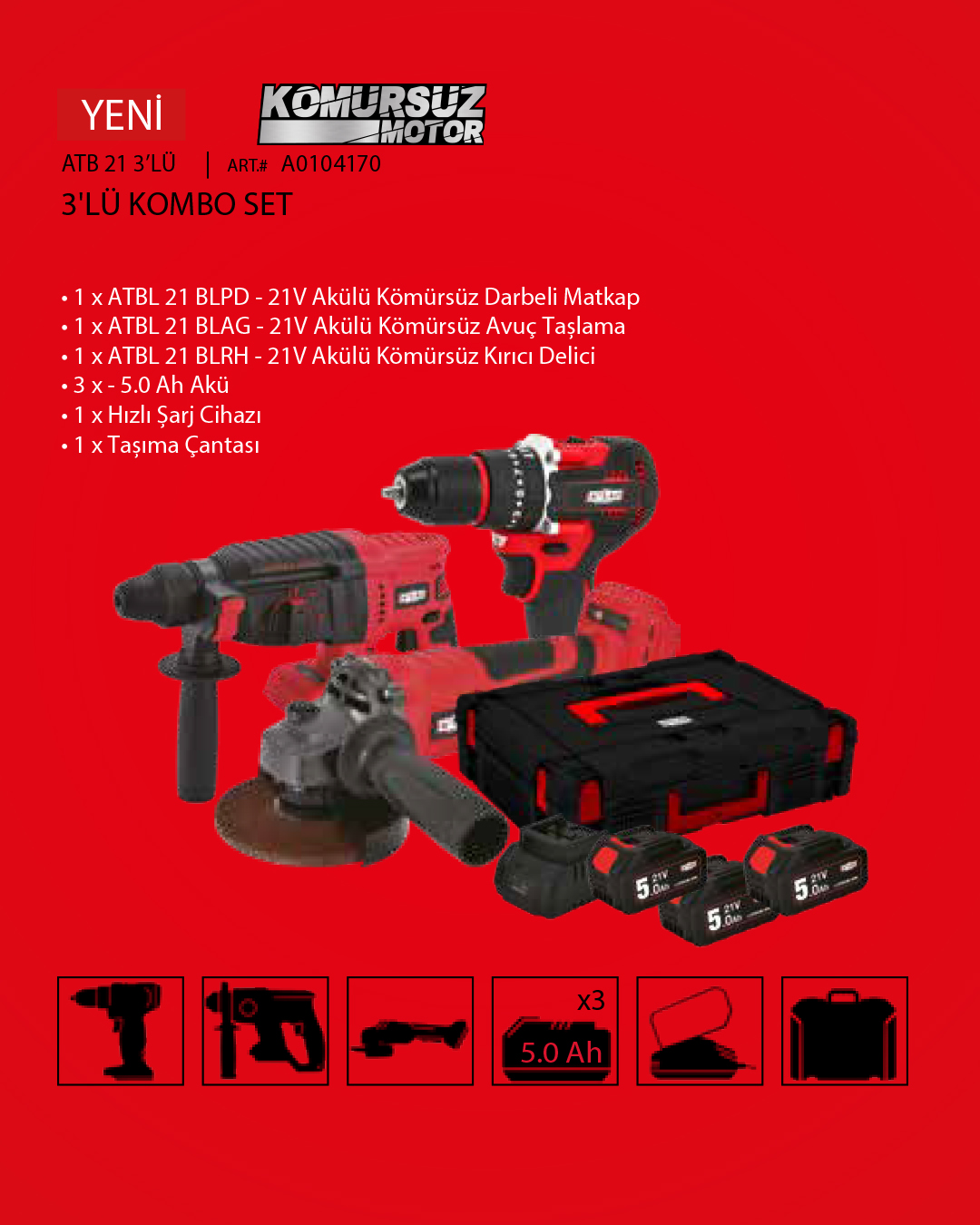 ATTLAS ATB 21 3LÜ KÖMÜRSÜZ KOMBO SET (MATKAP - TASLAMA - KIRICI DELICI)